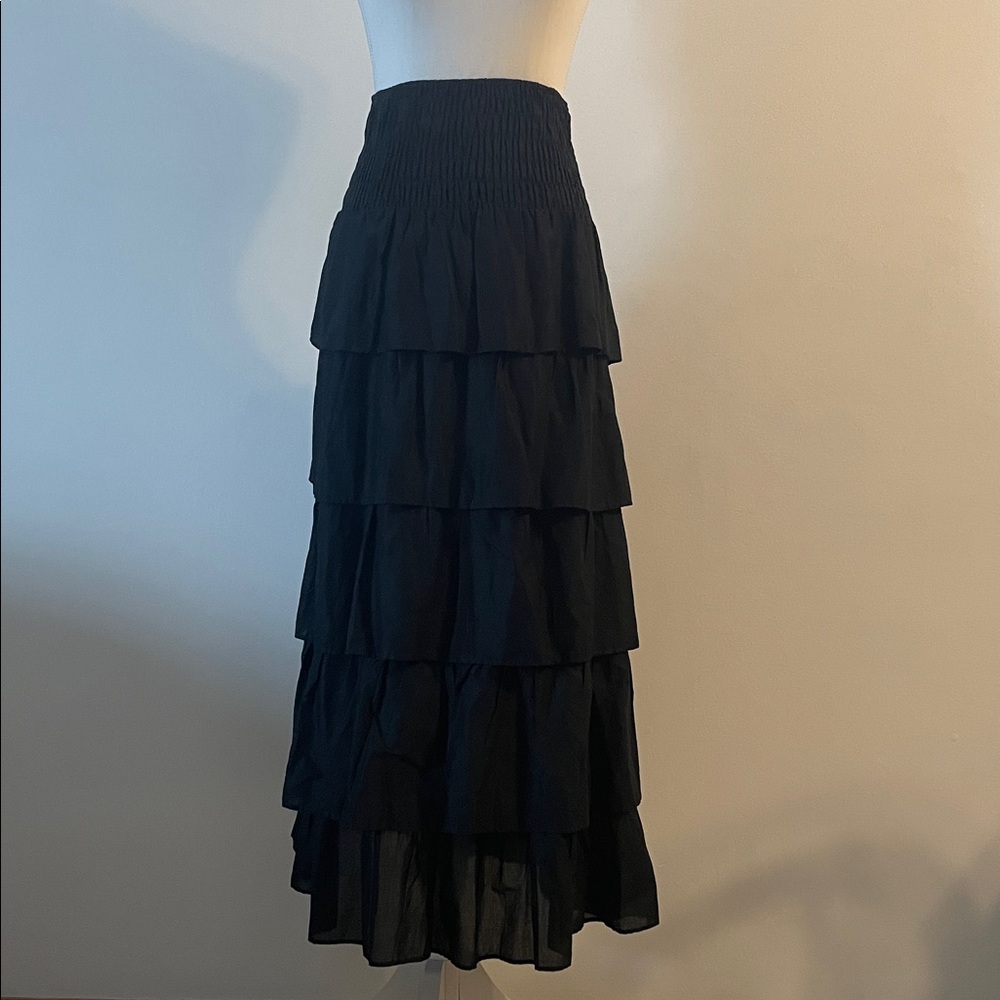 Summer Tiered Maxi Skirt Strapless Midi Dress 100% Cotton Black Women’s XS - Picture 2 of 7